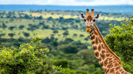 A stunning giraffe stands gracefully against a backdrop of lush green scenery in Serengeti National Park, embodying the beauty of wildlife and nature.の素材