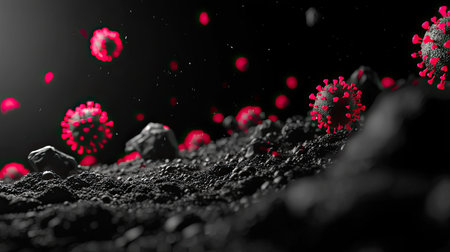 This digital illustration presents a striking view of coronavirus particles floating above an abstract dark surface, emphasizing the ongoing pandemic threat.の素材