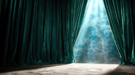 This captivating image features dark green stage curtains pulled aside to reveal an ethereal light filtering through, creating a mysterious and inviting atmosphere.の素材