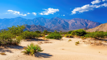 Beautiful desert landscape showcases sandy terrain and low vegetation, framed by majestic mountains under a bright blue sky with decorative clouds.の素材