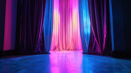 A stunning view of vibrant stage curtains illuminated by colorful lighting. The dramatic colors create a captivating ambiance perfect for theatrical performances.の素材