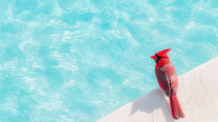 A vibrant red cardinal perches gracefully by the edge of a sparkling blue pool, capturing a serene moment in a sunny, tropical environment.の素材