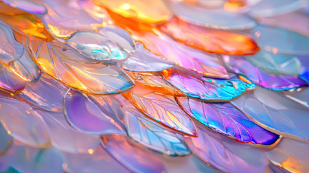 This stunning image features an artistic arrangement of iridescent leaves crafted from glass. The vibrant hues and reflections create a mesmerizing visual experience.の素材