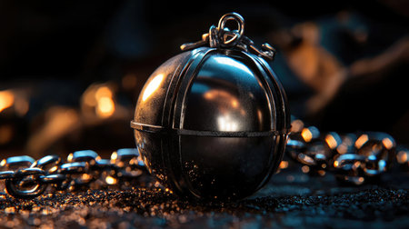 A stunning metallic sphere rests on a dark surface, adorned with a chain and illuminated by soft lighting, creating a captivating and mystical scene.の素材