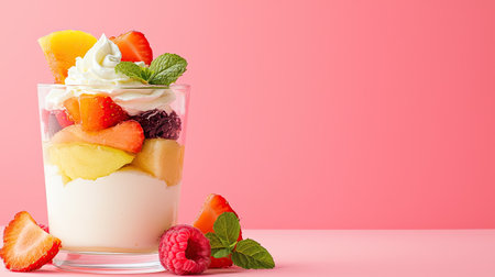A vibrant fruit parfait featuring layers of fresh strawberries, peaches, and raspberries topped with whipped cream and mint on a striking pink background.の素材