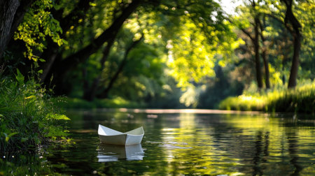 A peaceful scene featuring a delicate paper boat floating gently on a calm stream, surrounded by vibrant greenery and soft sunlight, evoking nostalgia and tranquility.の素材