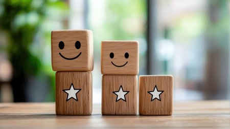 A captivating arrangement of wooden blocks featuring friendly smiley faces and stars, set against a blurred indoor background, evokes joy and creativity.の素材
