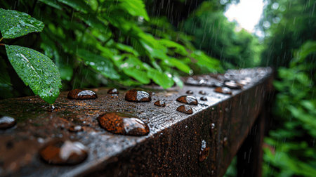 A mesmerizing close-up view of rainwater droplets clinging to a wooden surface, encapsulating the beauty of nature's refreshment amidst lush greenery.の素材