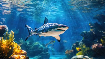 A stunning image of a shark gliding effortlessly through a colorful underwater realm filled with vibrant coral and captivating sunlight rays.の素材