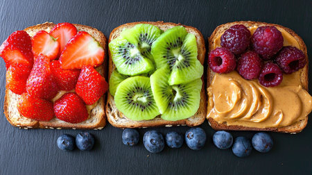 A vibrant display of three varieties of toast topped with fresh fruits and nut butter, showcasing strawberries, kiwi, and raspberries, perfect for a healthy breakfast.の素材