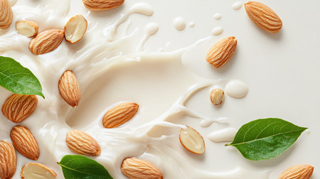 This vibrant image showcases a splash of fresh milk surrounding whole almonds and green leaves, perfect for culinary themes and healthy lifestyle promotions.の素材