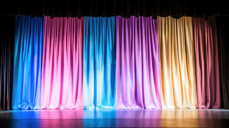 Vibrant stage curtains with a blend of pink, blue, and yellow hues create a stunning backdrop for theatrical performances, capturing the essence of artistry and entertainment.の素材