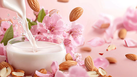 A serene composition featuring almond milk poured into a glass, surrounded by delicate pink flowers and almonds, creating an elegant and refreshing visual feast.の素材