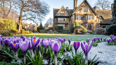 A picturesque historic manor graced by a vibrant display of crocus flowers, set against a serene frosty lawn and clear blue sky, creating a perfect spring scene.の素材