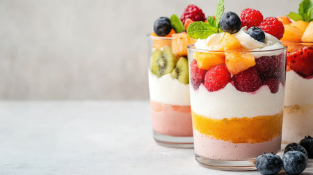 Delight in these colorful fruit parfaits layered with creamy yogurt and topped with fresh berries and mint, perfect for a refreshing dessert or snack.の素材