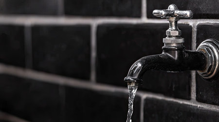 The image showcases a classic black tap faucet gracefully releasing a steady flow of water against a stylish glossy black tile backdrop, accentuating modern interior design elements.の素材