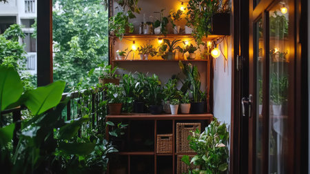 A tranquil balcony filled with diverse green plants, warm ambient lighting, and a cozy setting ideal for relaxation and peaceful moments in urban life.の素材