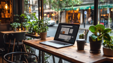 A cozy coffee shop workspace featuring a laptop on a wooden table surrounded by plants. The inviting urban view enhances productivity and creativity.の素材