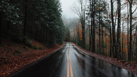A captivating view of a winding road surrounded by misty woods in fall, illustrating a serene and tranquil journey amidst nature's beauty.の素材