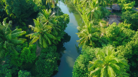 Experience the serene beauty of a lush green landscape with a tranquil waterway, framed by vibrant tropical vegetation, inviting peaceful reflections.の素材