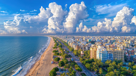 Stunning aerial view showcasing a vibrant coastal city with a golden beach, clear blue ocean, and dramatic clouds, perfect for travel enthusiasts.の素材
