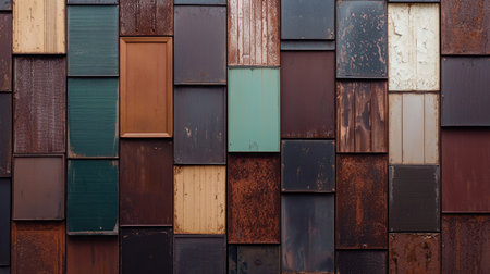 A visually striking arrangement of rustic wall panels showcasing an array of textures and colors, perfect for design inspiration and home decor projects.の素材