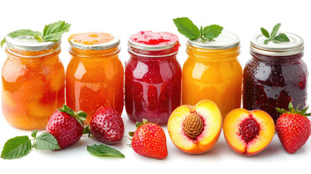 A vibrant display of colorful jars filled with homemade fruit jams, paired with fresh strawberries and peaches, perfect for culinary inspiration and harvest themes.の素材