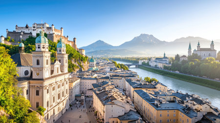 Scenic aerial view of Salzburg, Austria, highlighting stunning mountains and historical architecture along the river at sunset, creating a picturesque landscape.の素材