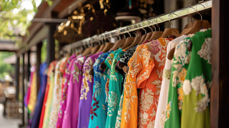 A beautiful display of vibrant traditional dresses hanging on a rack, showcasing exquisite embroidery and a variety of colors in a boutique setting.の素材