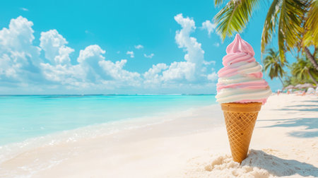 Experience the perfect summer day with a delightful ice cream cone on a picturesque tropical beach, surrounded by palm trees and azure skies.の素材