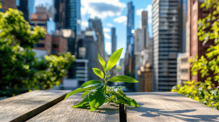 A vibrant green plant rests on a weathered wooden table against a blurred urban skyline, showcasing the beautiful balance of nature and city life.の素材