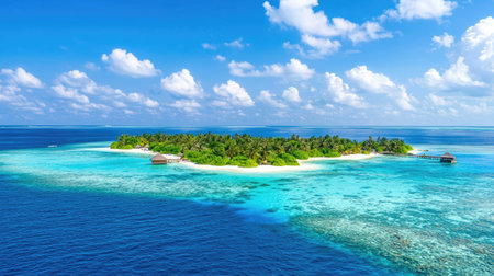 A stunning aerial view of a tropical paradise island featuring crystal-clear waters, lush green palm trees, and bright blue skies. Ideal for vacation concepts.の素材