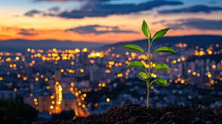 A solitary green plant rises from rich soil, illuminated by a stunning sunset with a blurred city skyline and twinkling lights, representing hope and renewal.の素材