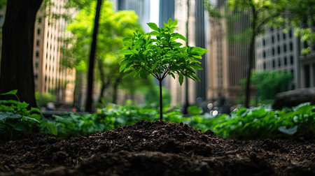 A small green plant emerges from rich soil in a bustling urban park, surrounded by towering skyscrapers and vibrant greenery, symbolizing nature's resilience.の素材
