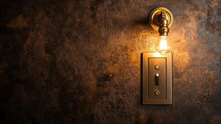 A beautifully shot vintage light switch with an illuminated bulb against a rustic, textured wall. The warm lighting creates a cozy and inviting atmosphere.の素材