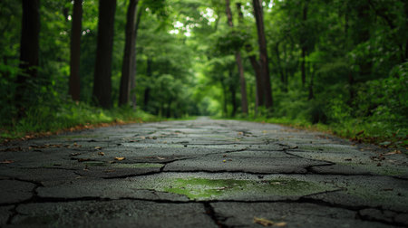 A serene and tranquil pathway surrounded by lush greenery and majestic trees, inviting viewers to imagine a peaceful journey through nature's beauty.の素材