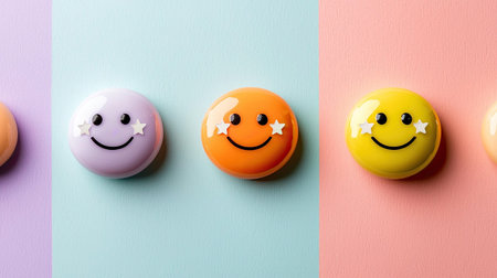 This image features colorful smiley face buttons set against soft pastel backgrounds, perfect for themes of joy and playfulness in various projects.の素材