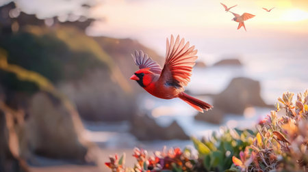 A stunning red cardinal soars gracefully against a picturesque coastal backdrop at sunset, showcasing vibrant colors and serene beauty in nature's embrace.の素材