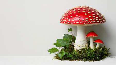 This vibrant red mushroom with white spots and green leaves adds a whimsical touch to any composition, showcasing the beauty of natural elements.の素材