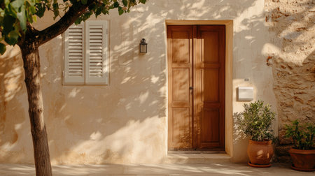 This rustic door, framed by natural light and lush greenery, exudes charm and tranquility, perfect for evoking a cozy outdoor living atmosphere.の素材