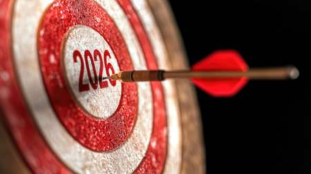 A dart arrow strikes the bullseye of a target featuring the year 2026, symbolizing achievement and the pursuit of future goals and aspirations.の素材