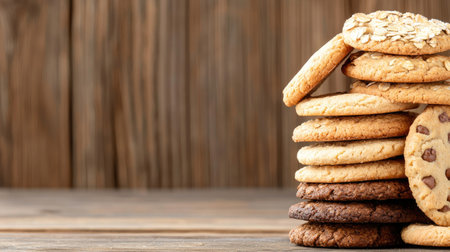 A tempting stack of freshly baked cookies sits on a rustic wooden table, inviting dessert lovers to indulge in a sweet and flavorful treat. Perfect for any occasion!の素材