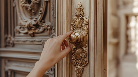 A graceful hand reaching for a beautifully designed door knob on a vintage door, showcasing intricate detailing and luxurious craftsmanship.の素材