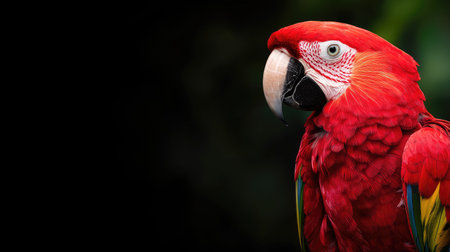 This stunning portrait features a vibrant red parrot against a dark background, showcasing its striking feathers and distinctive features, perfect for nature enthusiasts.の素材
