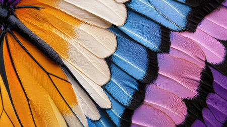 This image showcases a close-up view of a butterfly wing, highlighting intricate details, vibrant colors, and beautiful patterns in a natural setting.の素材