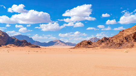 Discover a stunning desert landscape showcasing expansive sandy terrain beneath a brilliant blue sky adorned with fluffy clouds. This scenic view captures the natural beauty of rocky mountains, evoking a sense of tranquility and adventure. Perfect for travel and nature enthusiasts.の素材