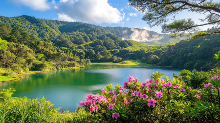 Experience the tranquility of a serene landscape featuring a vibrant lake surrounded by lush greenery and blooming flowers beneath a clear blue sky.の素材