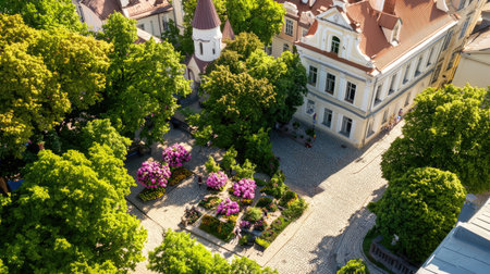 This aerial view captures a vibrant park filled with colorful flowers surrounded by lush trees and charming historic buildings, embodying urban tranquility.の素材