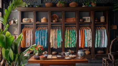 A vibrant boutique showcasing a collection of tropical shirts alongside handcrafted local crafts, creating an inviting shopping atmosphere filled with color and charm.の素材