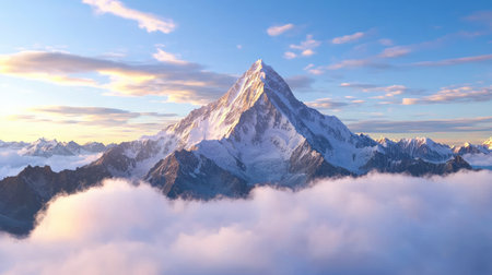 A breathtaking view of a majestic snow-capped mountain peak standing tall above soft clouds, illuminated by a beautiful sunrise in the background.の素材